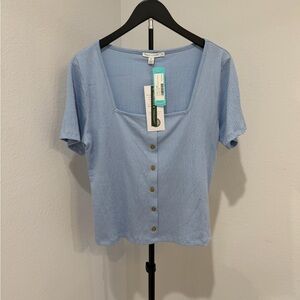 Threads 4 Thought Light Blue Square Neck Button-Front Short Sleeve Top
